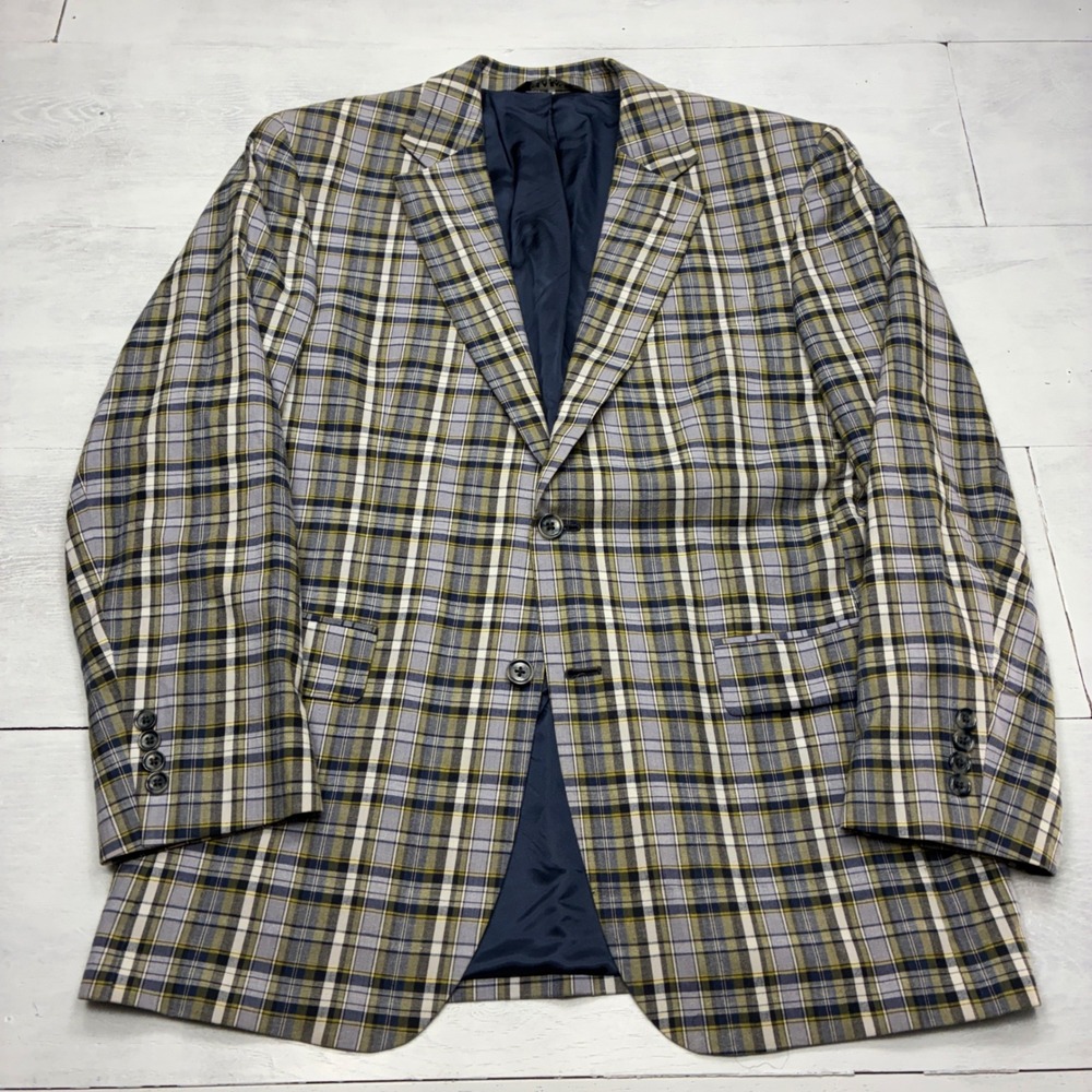 Jos A Bank Sport Coat Mens 40R Blue Yellow Plaid 100% Cotton 2 Button Blazer